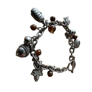 Vintage Silver Autumn Charm Bracelet Pumpkin Acorn Maple Leaf